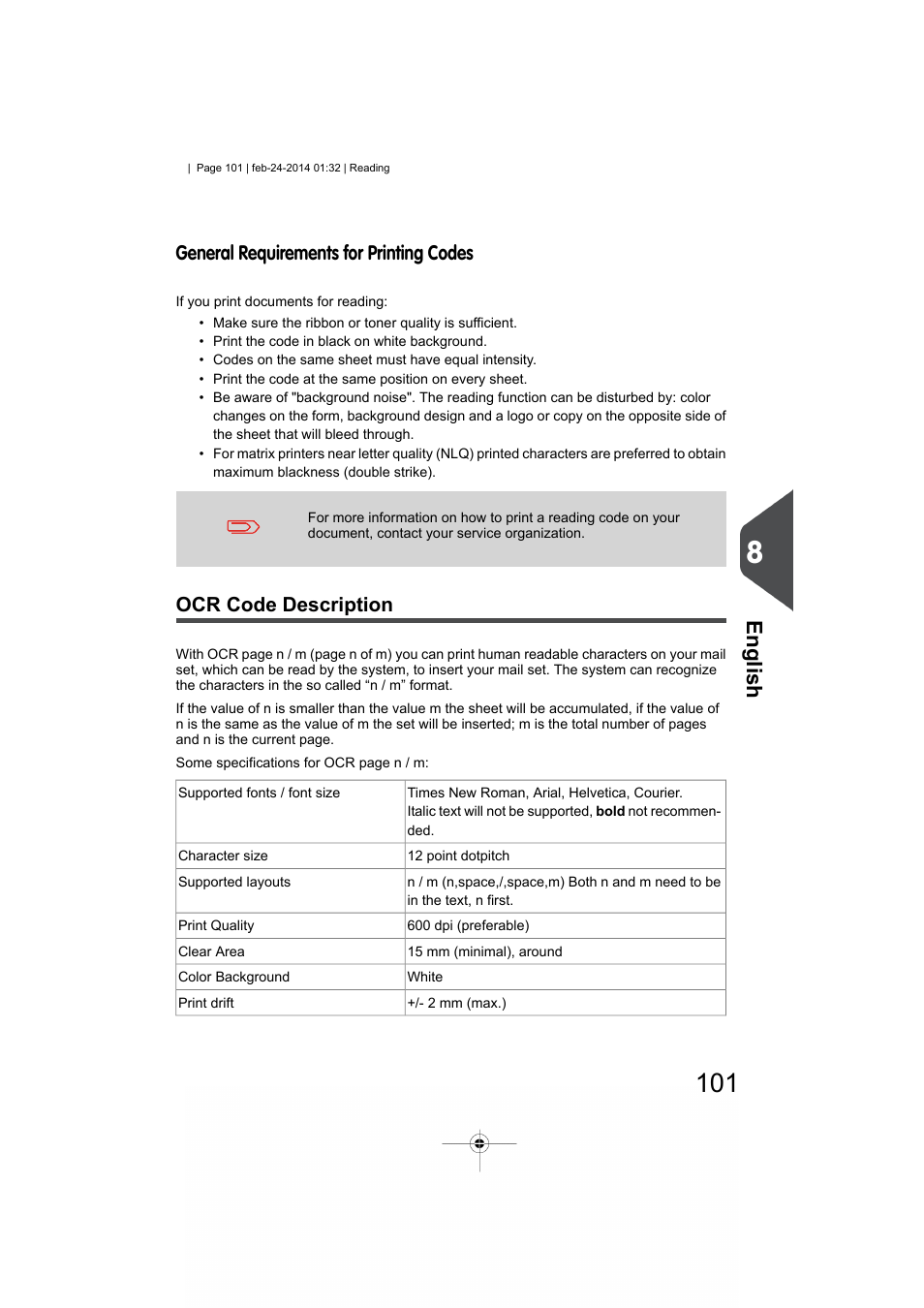 General requirements for printing codes, Ocr code description, English | Formax 6606 Series User Manual | Page 105 / 159