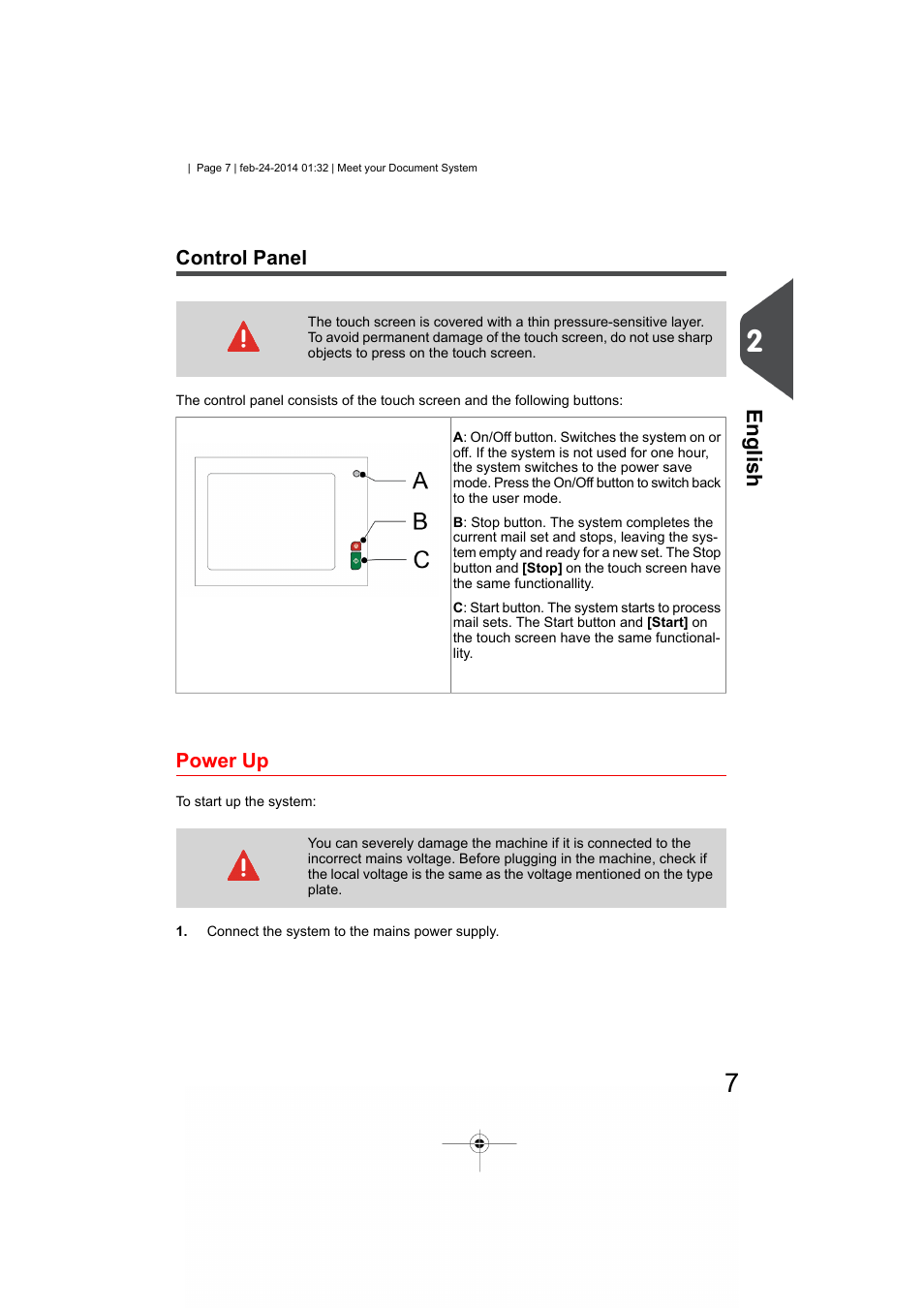 Control panel, Power up, English | Formax 6606 Series User Manual | Page 11 / 159