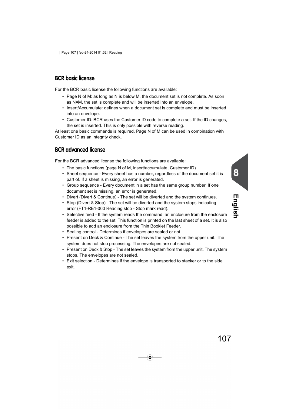 English, Bcr basic license, Bcr advanced license | Formax 6606 Series User Manual | Page 111 / 159