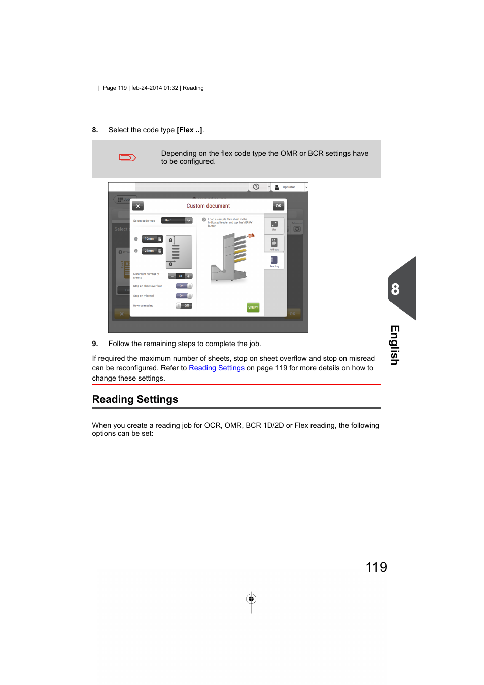 Reading settings, English | Formax 6606 Series User Manual | Page 123 / 159