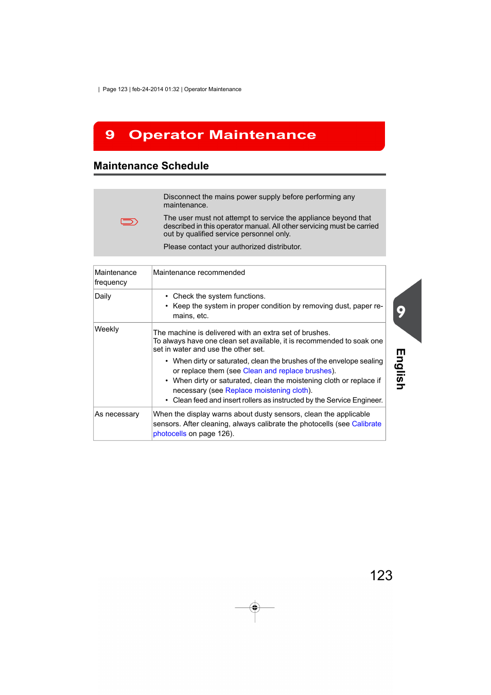 Operator maintenance, Maintenance schedule, Operator maintenance 9 | English | Formax 6606 Series User Manual | Page 127 / 159