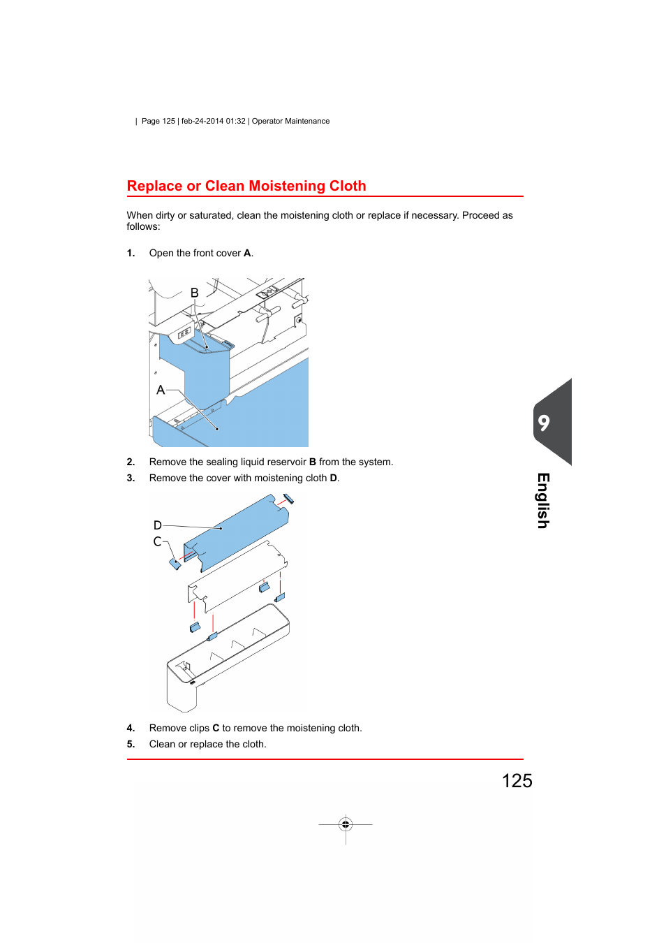 Replace or clean moistening cloth, English | Formax 6606 Series User Manual | Page 129 / 159