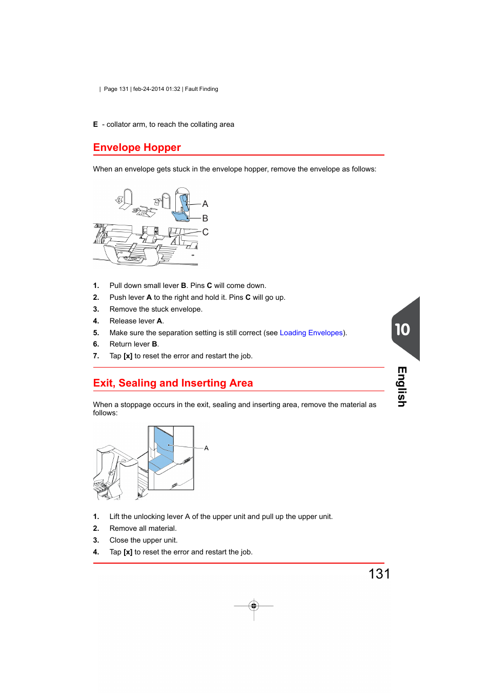 Envelope hopper, Exit, sealing and inserting area, English | Formax 6606 Series User Manual | Page 135 / 159