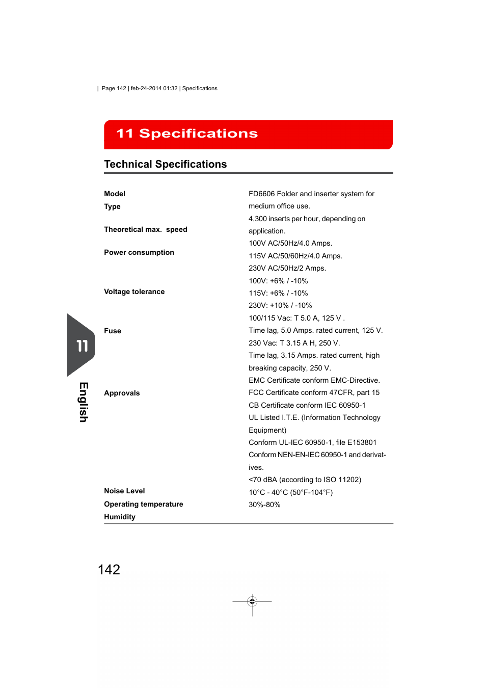 Specifications, Technical specifications, Specifications 11 | English | Formax 6606 Series User Manual | Page 146 / 159