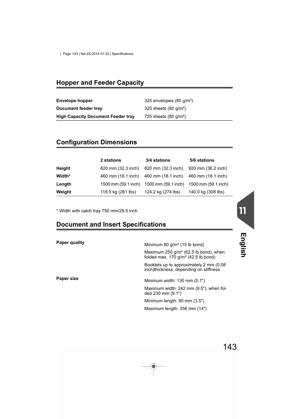Hopper and feeder capacity, Configuration dimensions, Document and insert specifications | English | Formax 6606 Series User Manual | Page 147 / 159