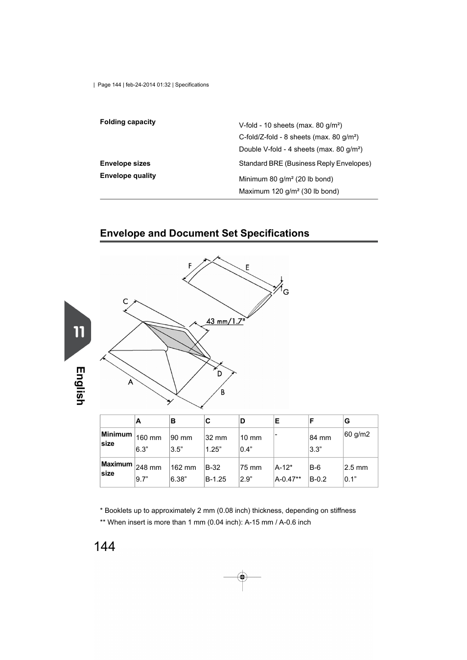 Envelope and document set specifications, Envelope specifica- tions, English | Formax 6606 Series User Manual | Page 148 / 159