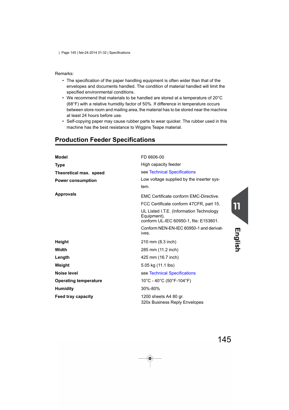 Maxifeeder specifications, English, Production feeder specifications | Formax 6606 Series User Manual | Page 149 / 159