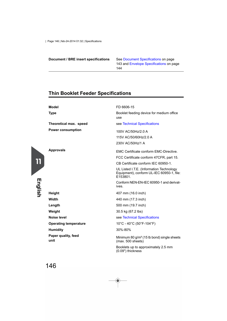 Versafeeder specifications, English, Thin booklet feeder specifications | Formax 6606 Series User Manual | Page 150 / 159