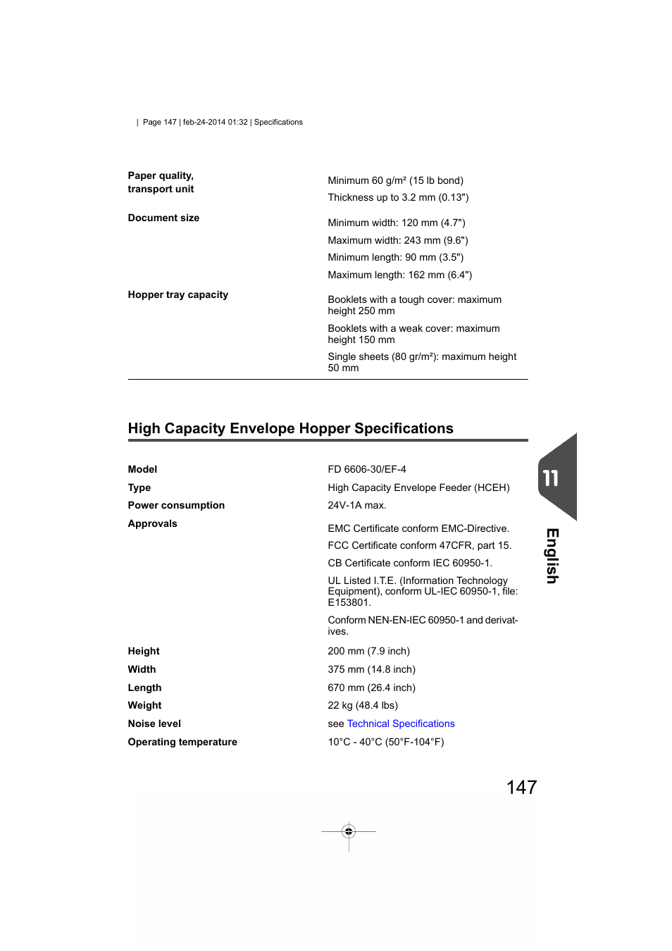 High capacity envelope hopper specifications, English | Formax 6606 Series User Manual | Page 151 / 159