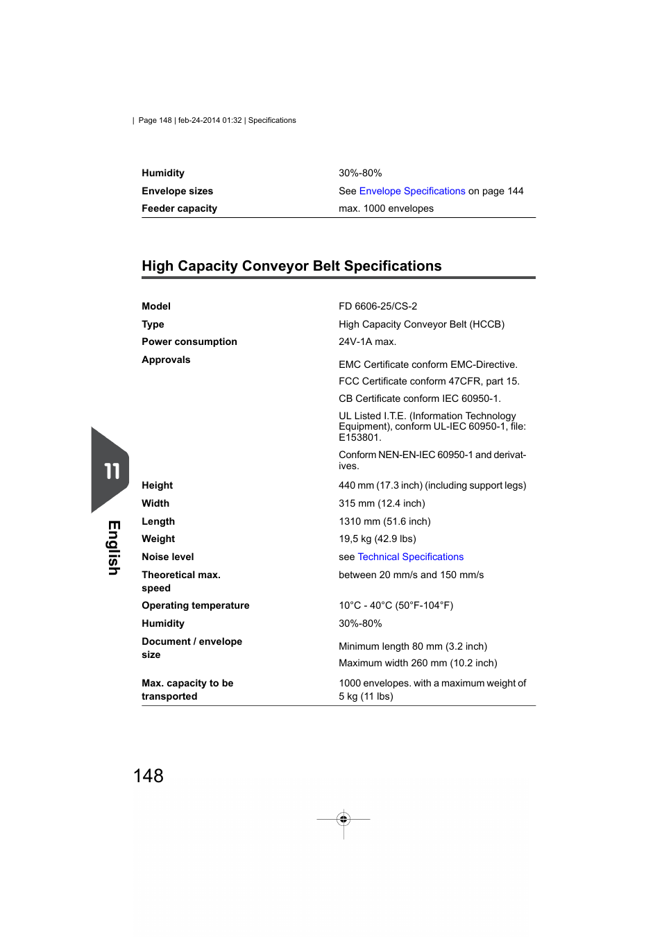 High capacity conveyor belt specifications, English | Formax 6606 Series User Manual | Page 152 / 159