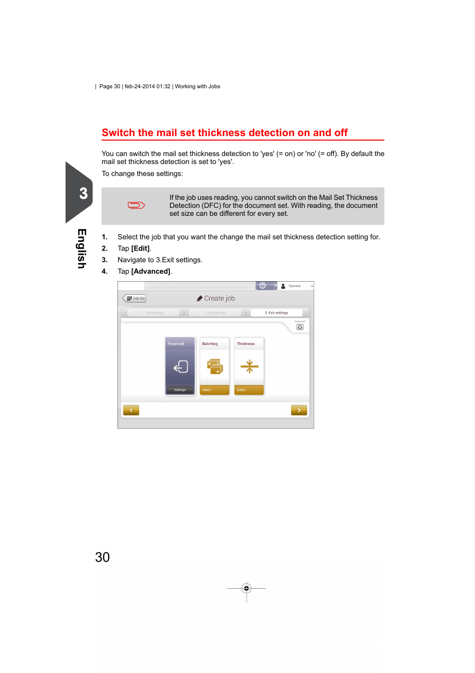 Switch the mail set thickness detection on and off, Mail set thickness detection, English | Formax 6606 Series User Manual | Page 34 / 159