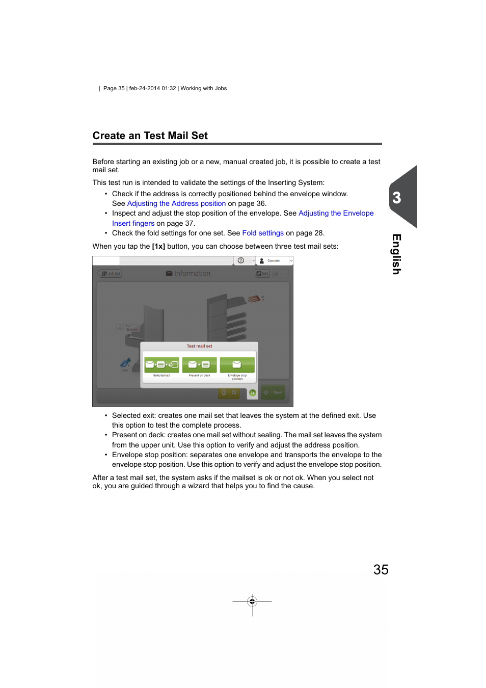 Create an test mail set, Example mail set, Test mail set | English | Formax 6606 Series User Manual | Page 39 / 159