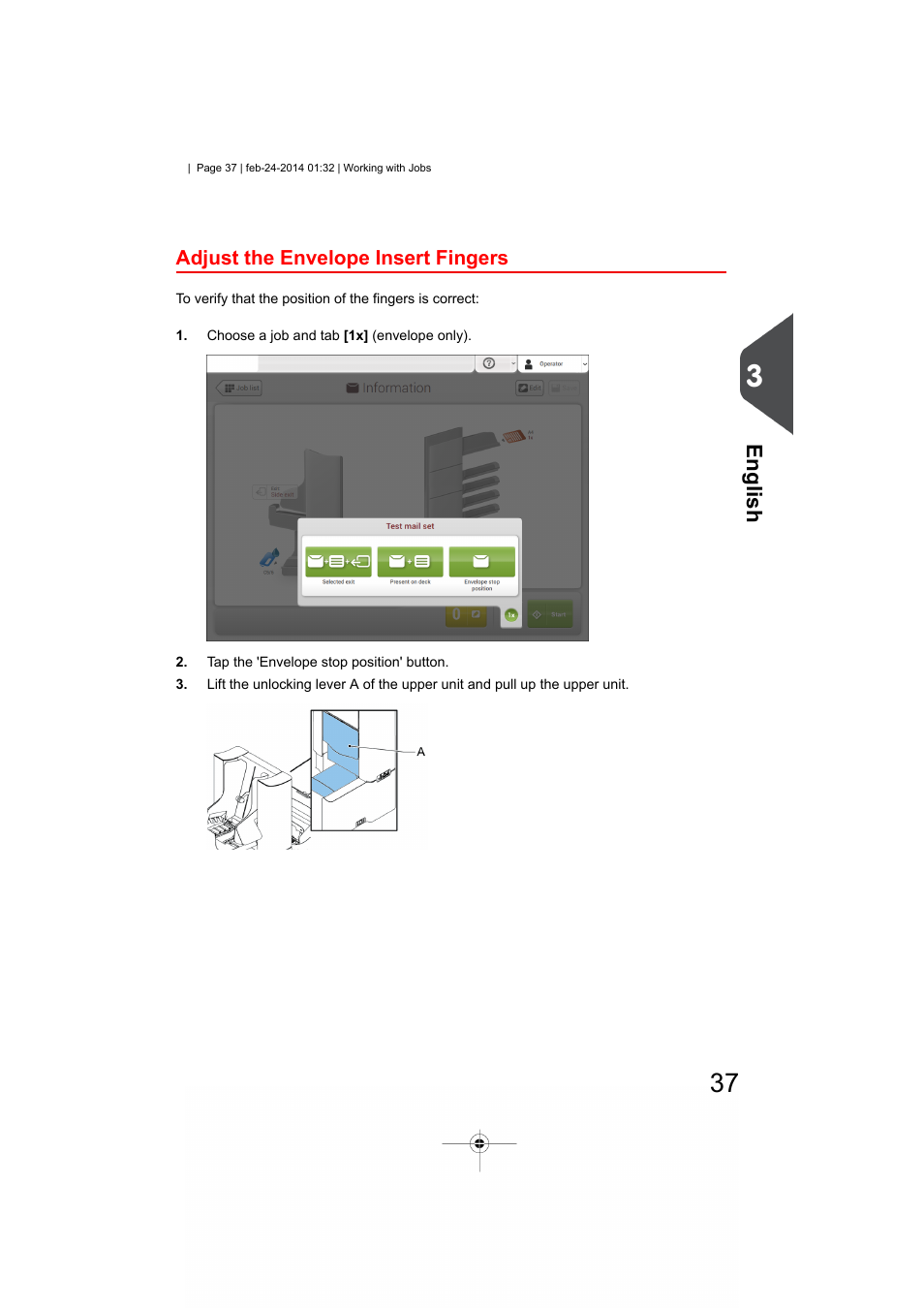 Adjust the envelope insert fingers, Adjusting the envelope, Insert fingers | English | Formax 6606 Series User Manual | Page 41 / 159