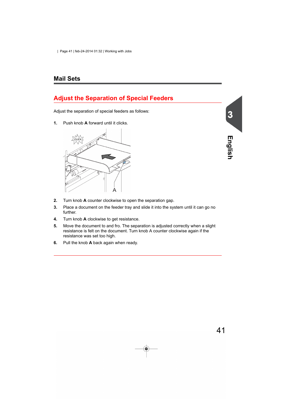 Mail sets, Adjust the separation of special feeders, English | Mail sets adjust the separation of special feeders | Formax 6606 Series User Manual | Page 45 / 159