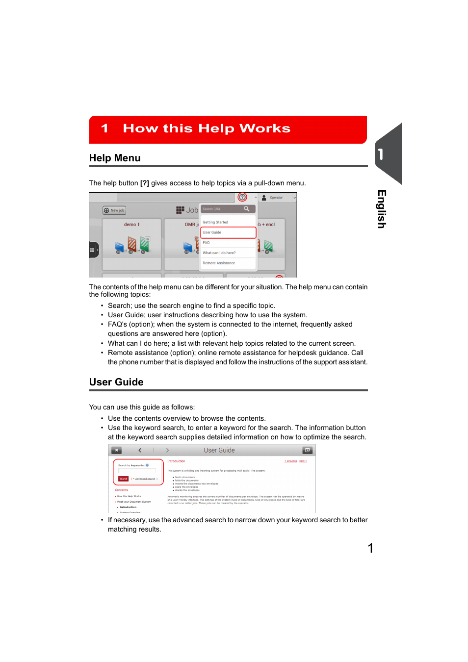 How this help works, Help menu, User guide | How this help works 1, English | Formax 6606 Series User Manual | Page 5 / 159
