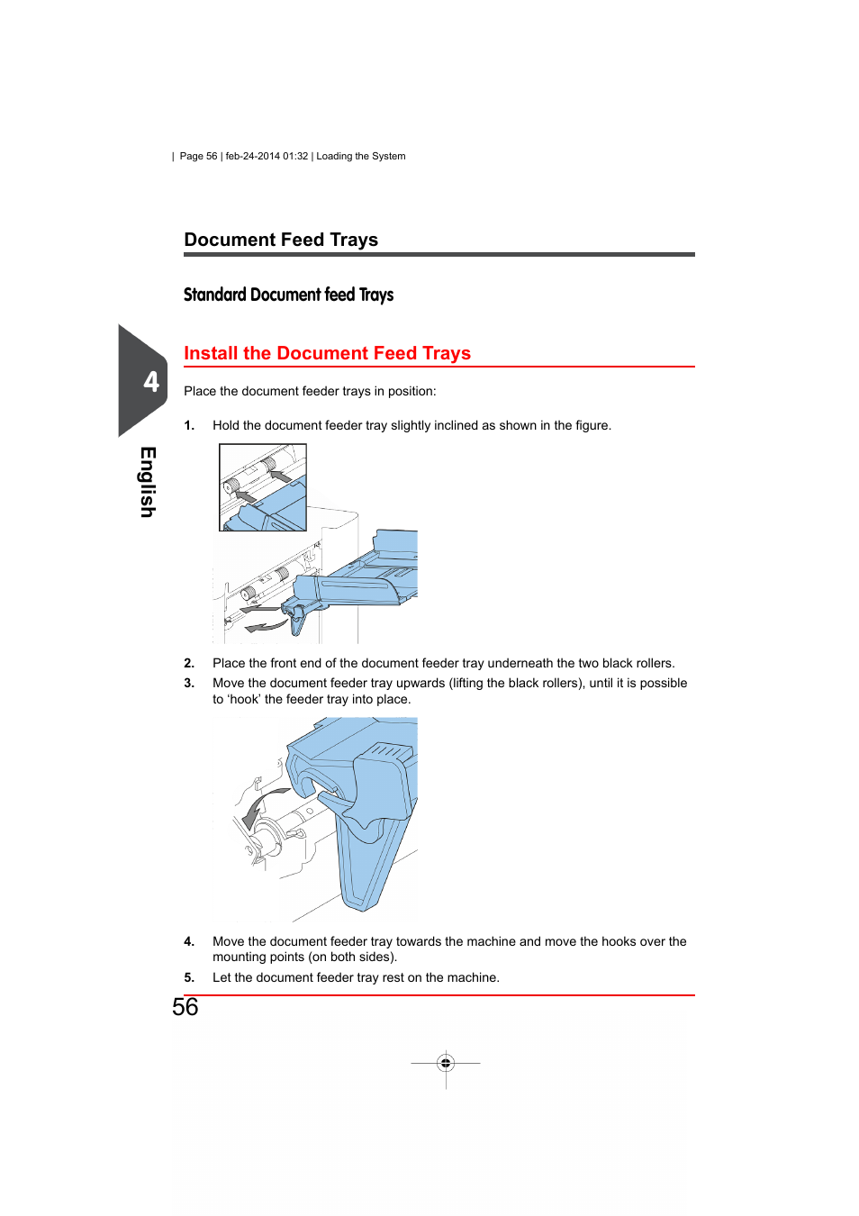 Document feed trays, Standard document feed trays, Install the document feed trays | English | Formax 6606 Series User Manual | Page 60 / 159