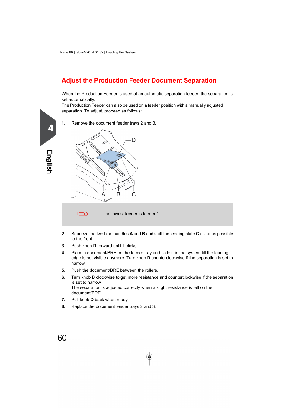 Adjust the maxifeeder document separation, English, Adjust the production feeder document separation | Formax 6606 Series User Manual | Page 64 / 159