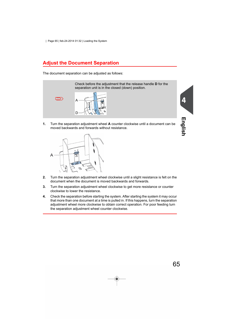 Adjust the document separation, English | Formax 6606 Series User Manual | Page 69 / 159
