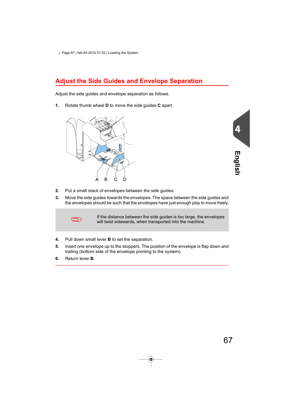 Adjust the side guides and envelope separation, English | Formax 6606 Series User Manual | Page 71 / 159