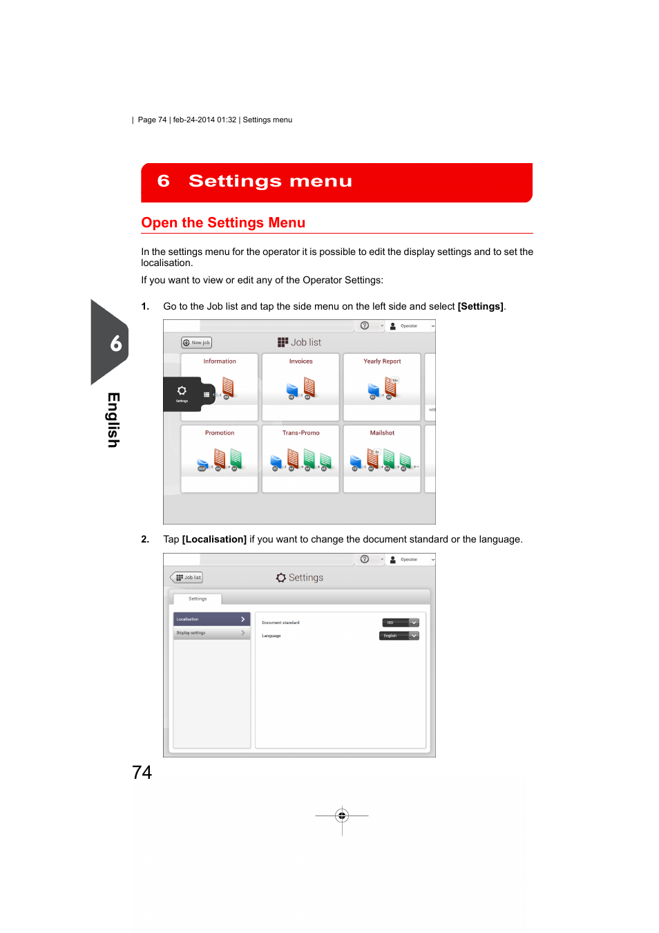 Settings menu, Open the settings menu, Settings menu operator | Settings menu 6 | Formax 6606 Series User Manual | Page 78 / 159