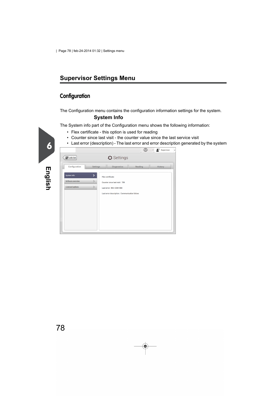 Supervisor settings menu, Configuration, System info | Formax 6606 Series User Manual | Page 82 / 159