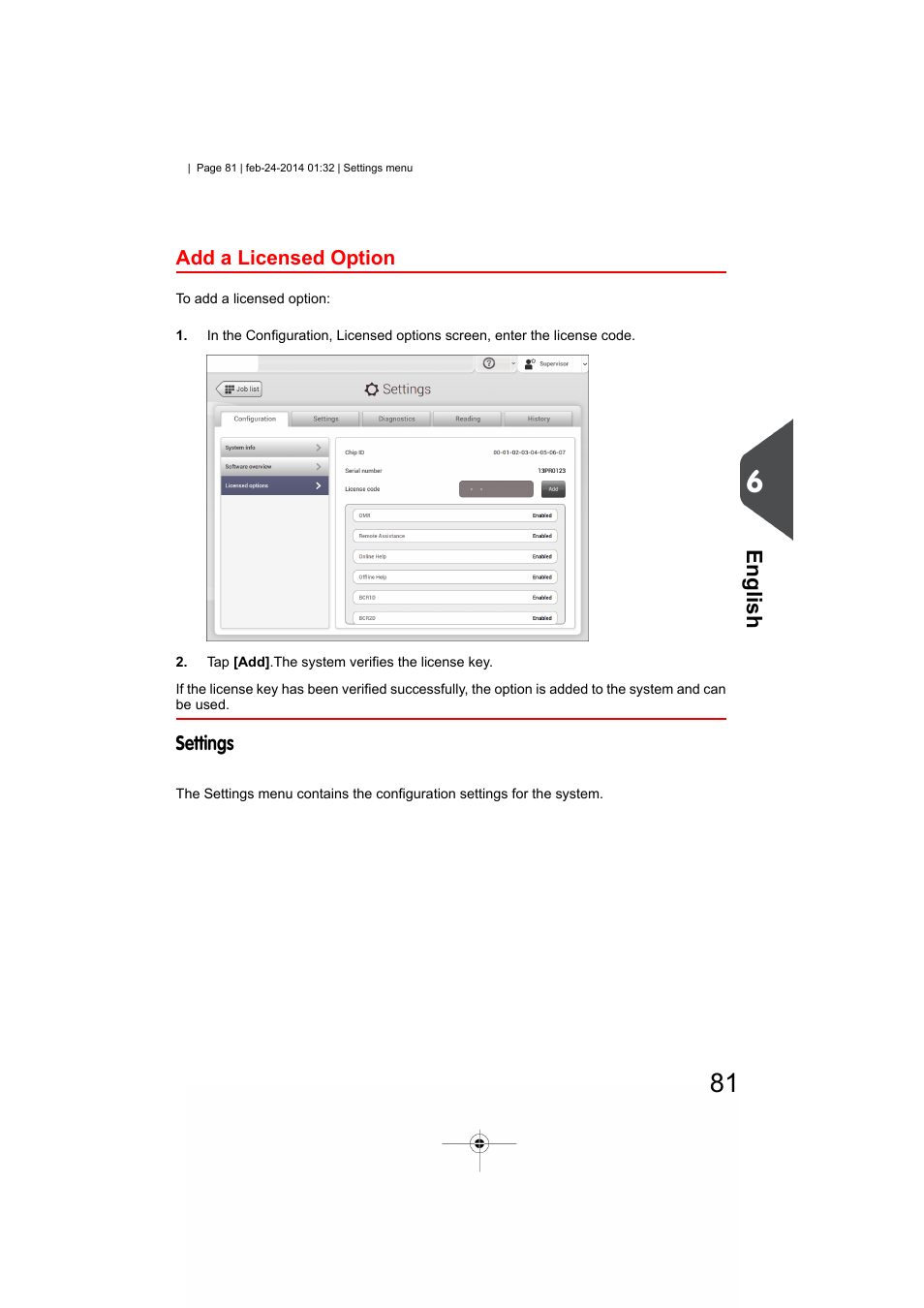 Add a licensed option, Settings, English | Formax 6606 Series User Manual | Page 85 / 159