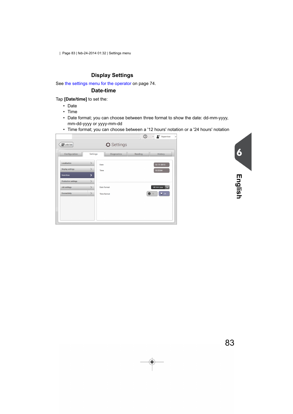 Display settings, Date-time, English | Formax 6606 Series User Manual | Page 87 / 159