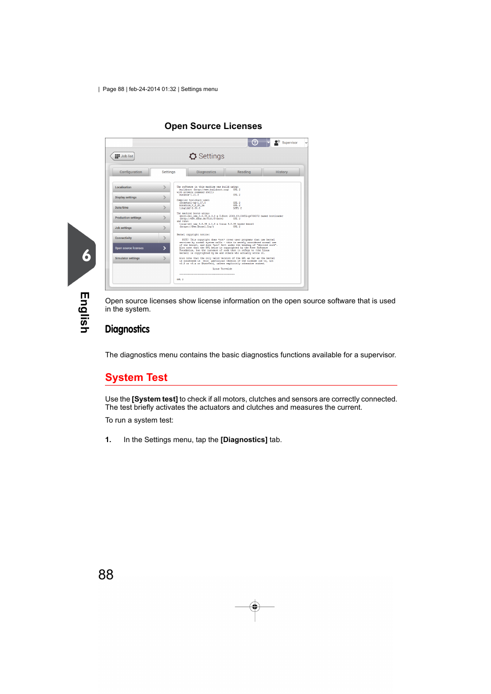 Open source licenses, Diagnostics, System test | English | Formax 6606 Series User Manual | Page 92 / 159