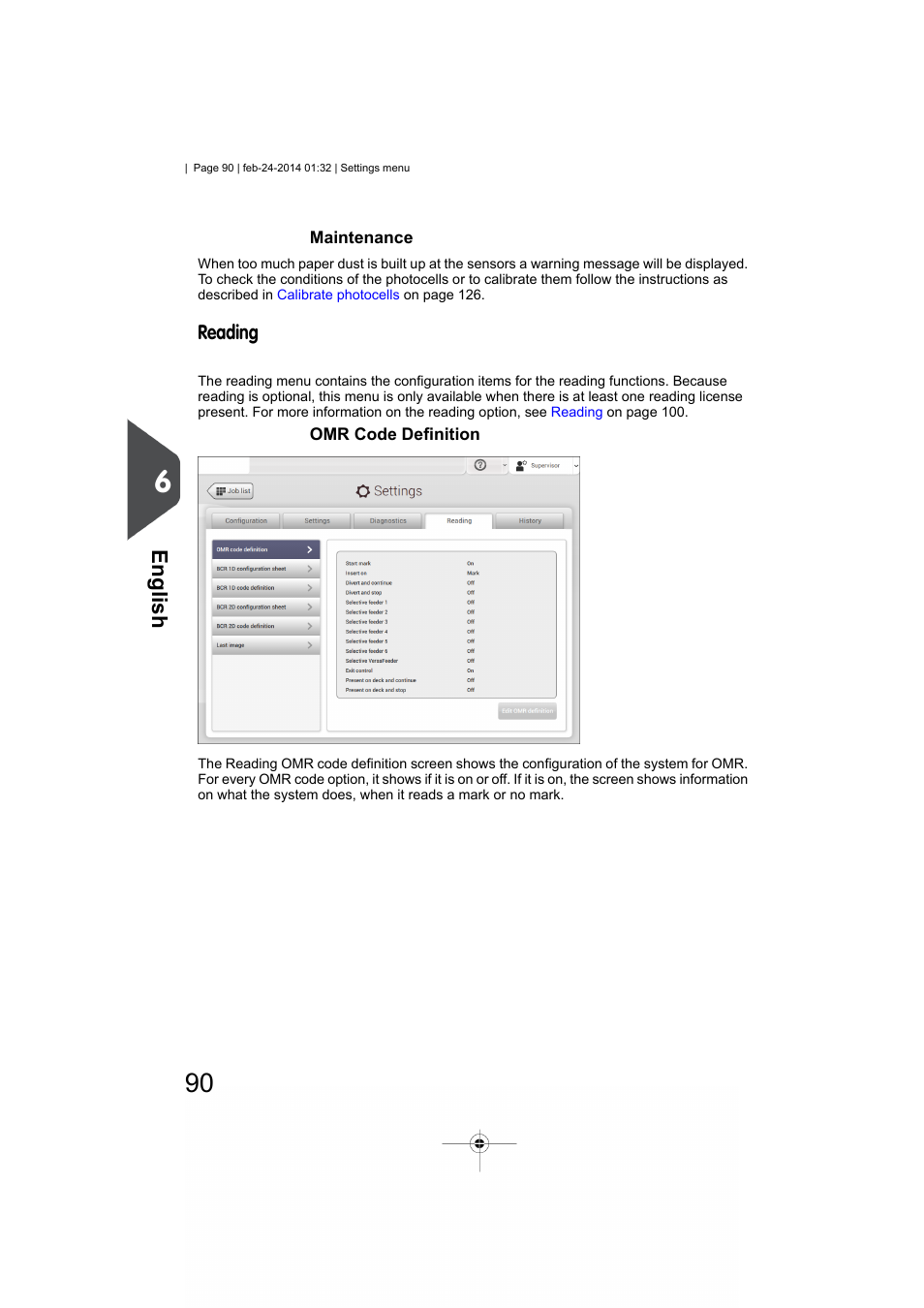 Maintenance, Reading, Omr code definition | English | Formax 6606 Series User Manual | Page 94 / 159