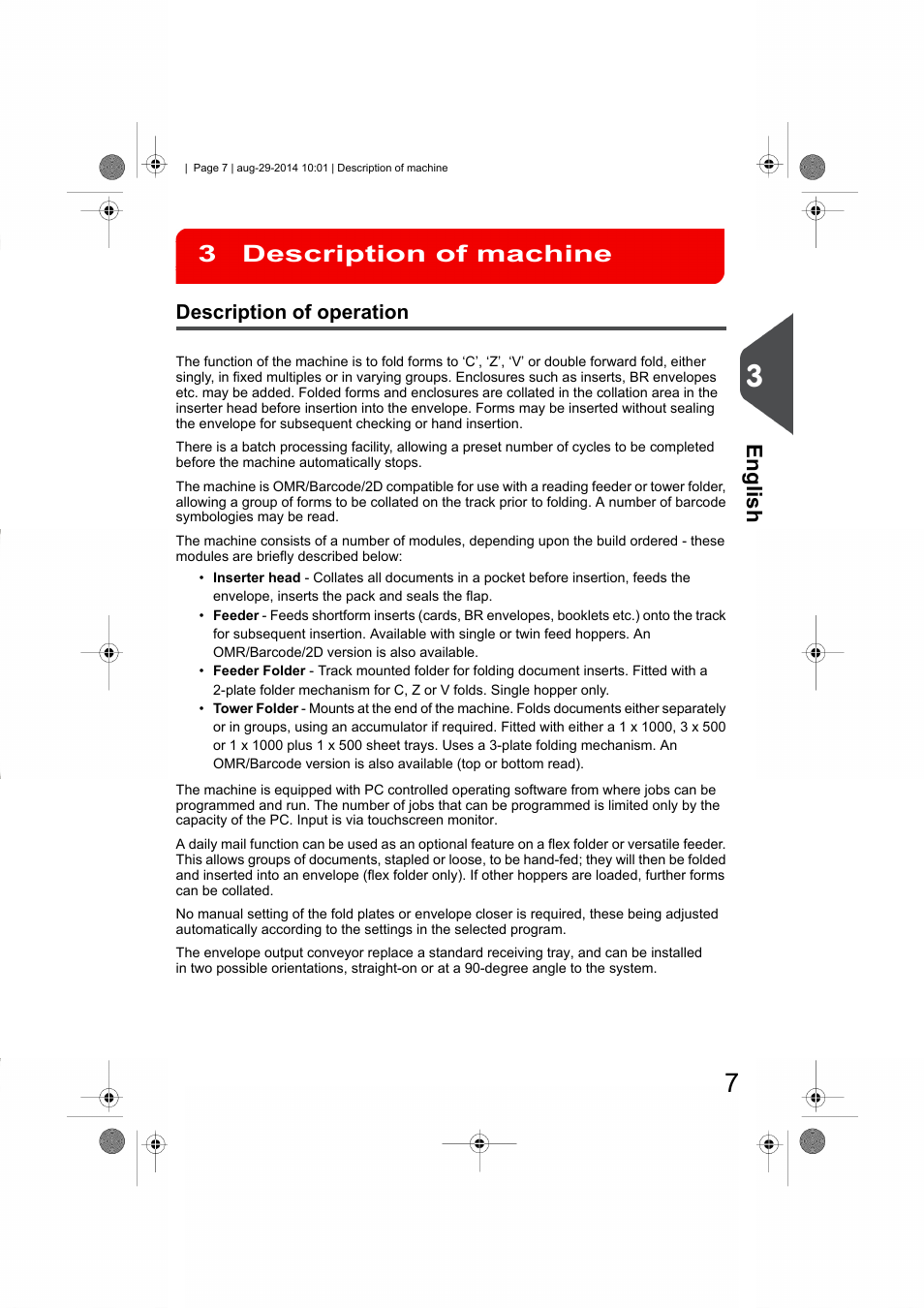 Description of machine, Description of operation, Description of machine 3 | English | Formax 7102/7102XT Series User Manual | Page 10 / 100