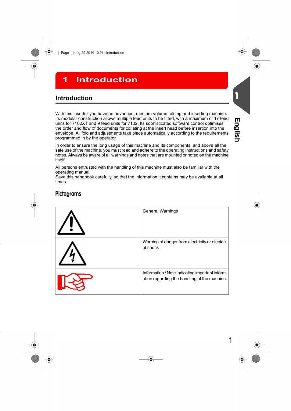 Introduction, Pictograms, Introduction 1 | English | Formax 7102/7102XT Series User Manual | Page 4 / 100