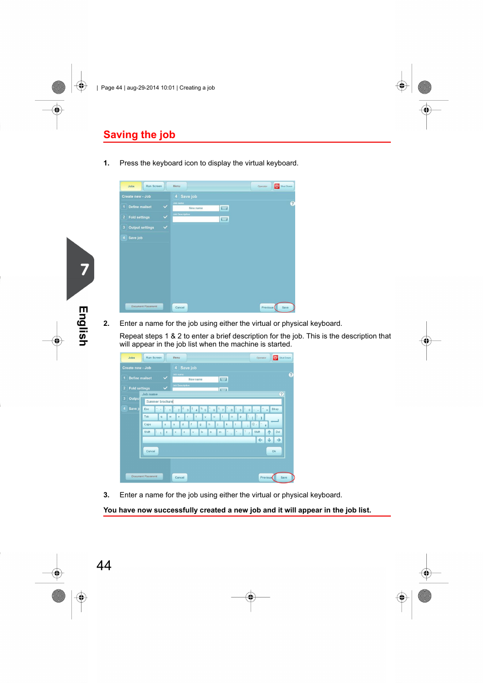 Saving the job, English | Formax 7102/7102XT Series User Manual | Page 47 / 100