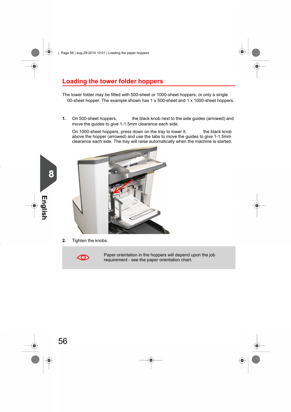 Loading the tower folder hoppers, English | Formax 7102/7102XT Series User Manual | Page 59 / 100