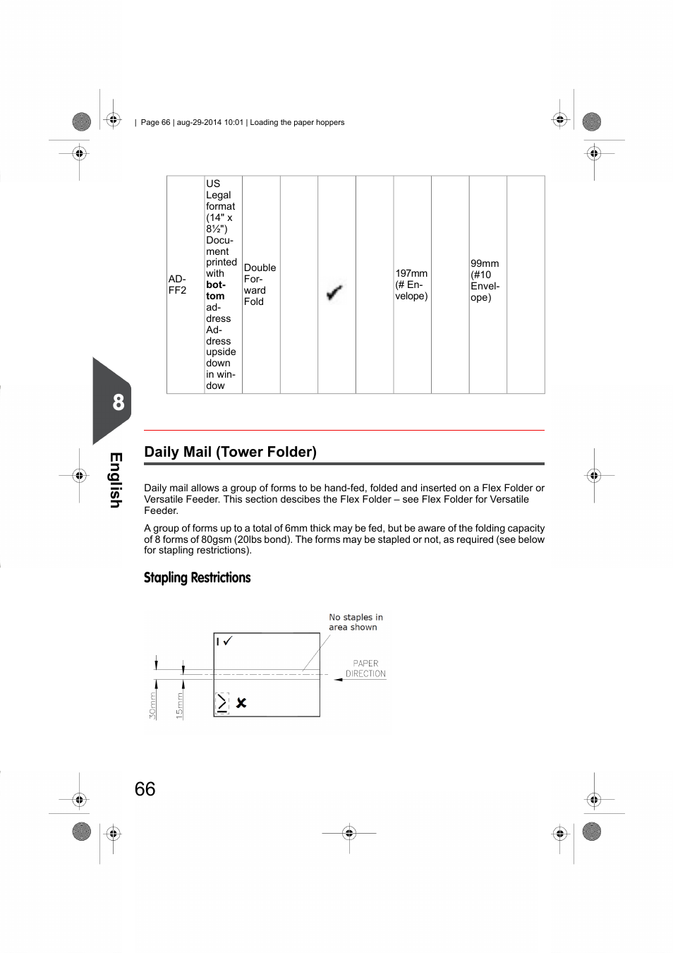 Daily mail (tower folder), Stapling restrictions, English | Formax 7102/7102XT Series User Manual | Page 69 / 100