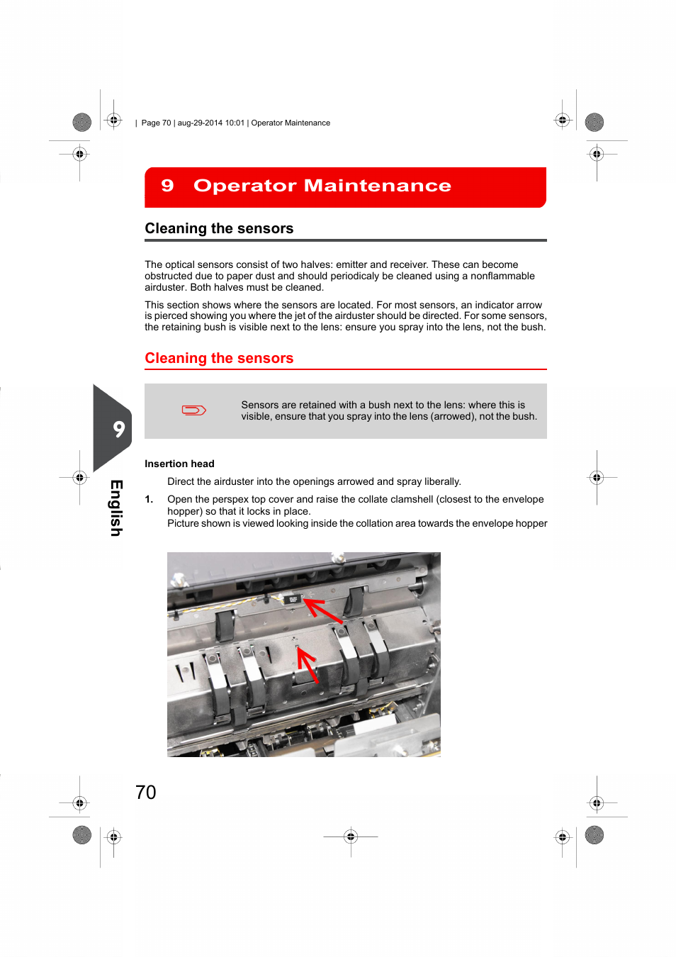 Operator maintenance, Cleaning the sensors, Operator maintenance 9 | English | Formax 7102/7102XT Series User Manual | Page 73 / 100