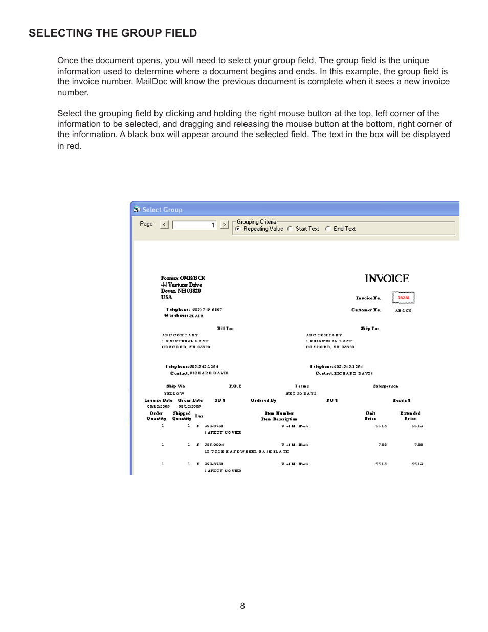 Selecting the group field | Formax MailDoc Professional Installation/Setup Guide, Rev. 2 User Manual | Page 12 / 30
