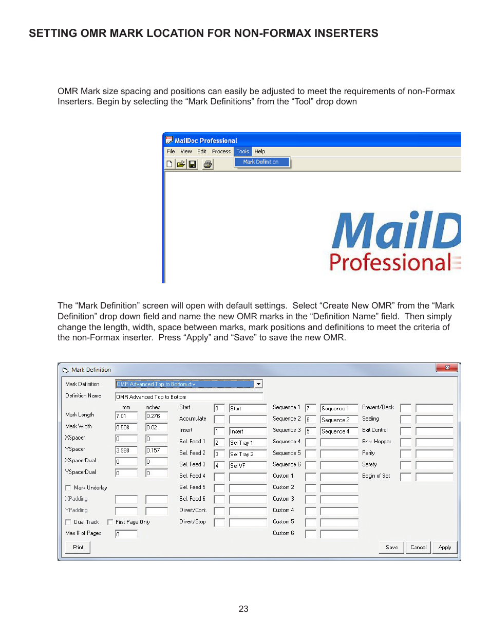 Setting omr mark location for non-formax inserters | Formax MailDoc Professional Installation/Setup Guide, Rev. 2 User Manual | Page 27 / 30