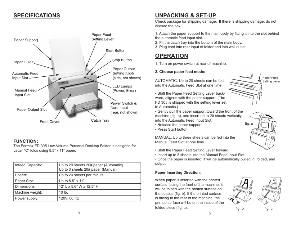 Unpacking & set-up, Operation, Specifications | Formax FD 305 User Manual | Page 4 / 4