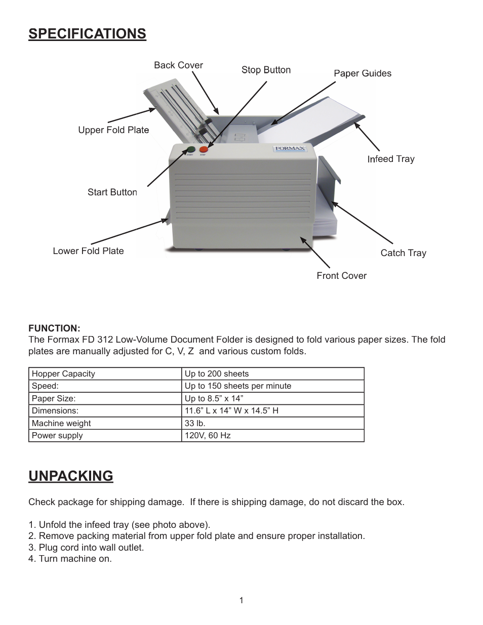 Unpacking, Specifications | Formax FD 312 User Manual | Page 5 / 7