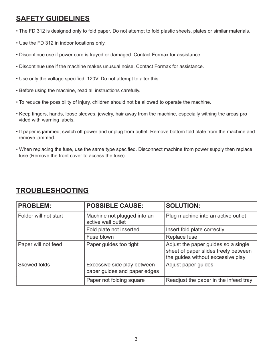 Safety guidelines, Troubleshooting | Formax FD 312 User Manual | Page 7 / 7