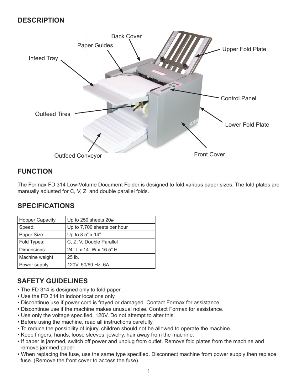 Description, Function, Specifications | Safety guidelines | Formax FD 314 User Manual | Page 5 / 13