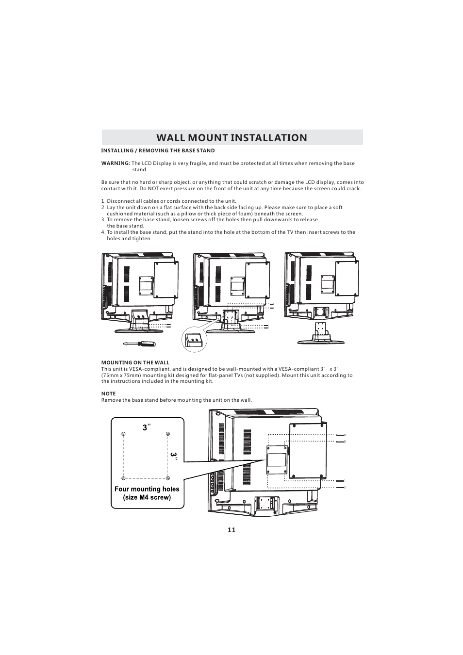 Wall mount installation | Curtis LCDVD193A User Manual | Page 15 / 48