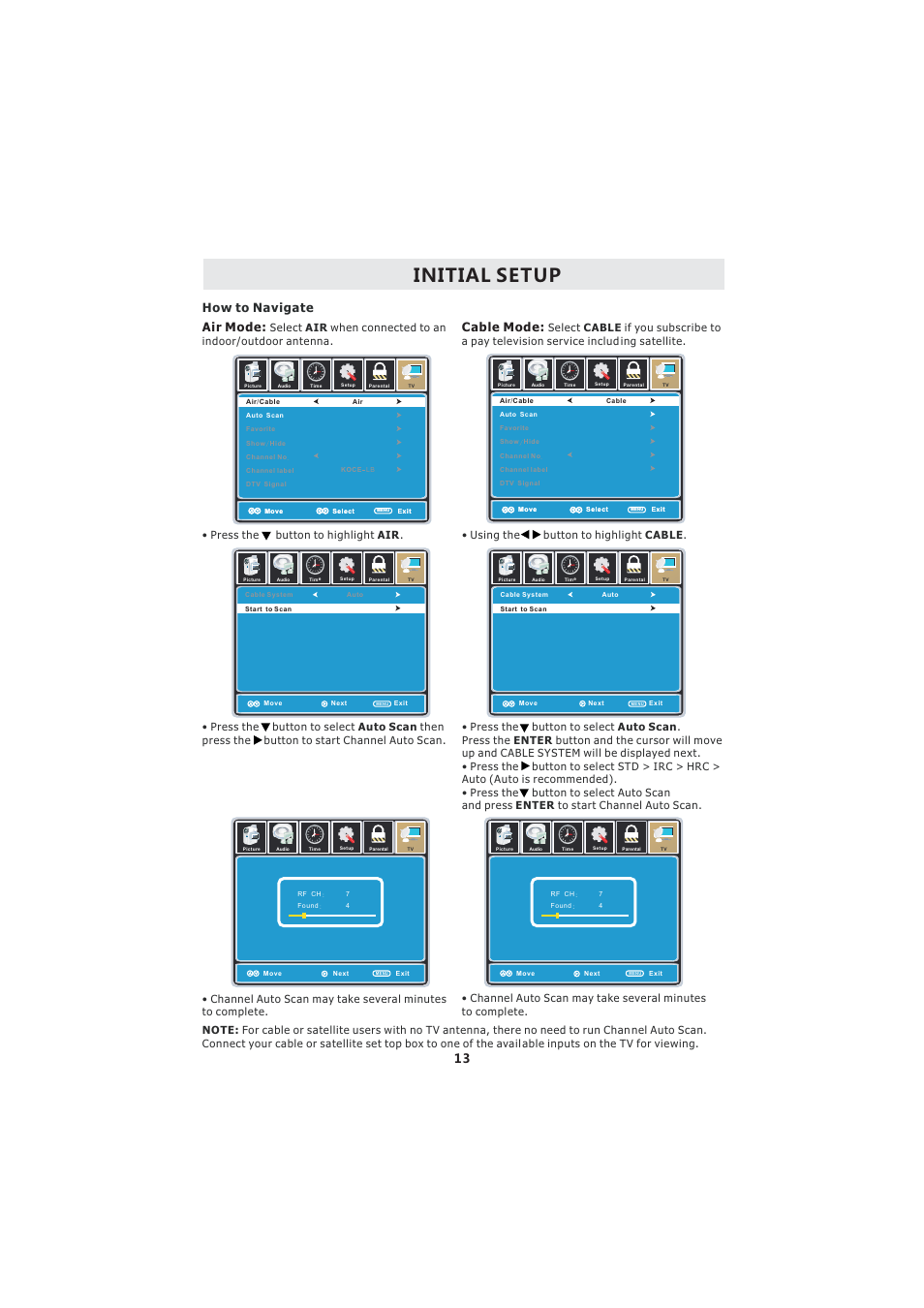 Initial setup, Air mode, Cable mode | How to navigate | Curtis LCDVD193A User Manual | Page 17 / 48