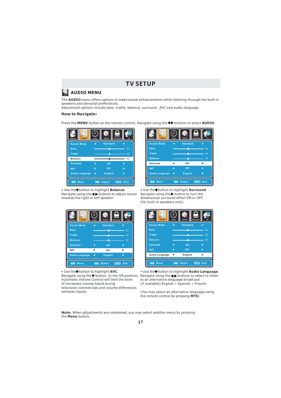 Tv setup, Audio menu, How to navigate | Curtis LCDVD193A User Manual | Page 21 / 48
