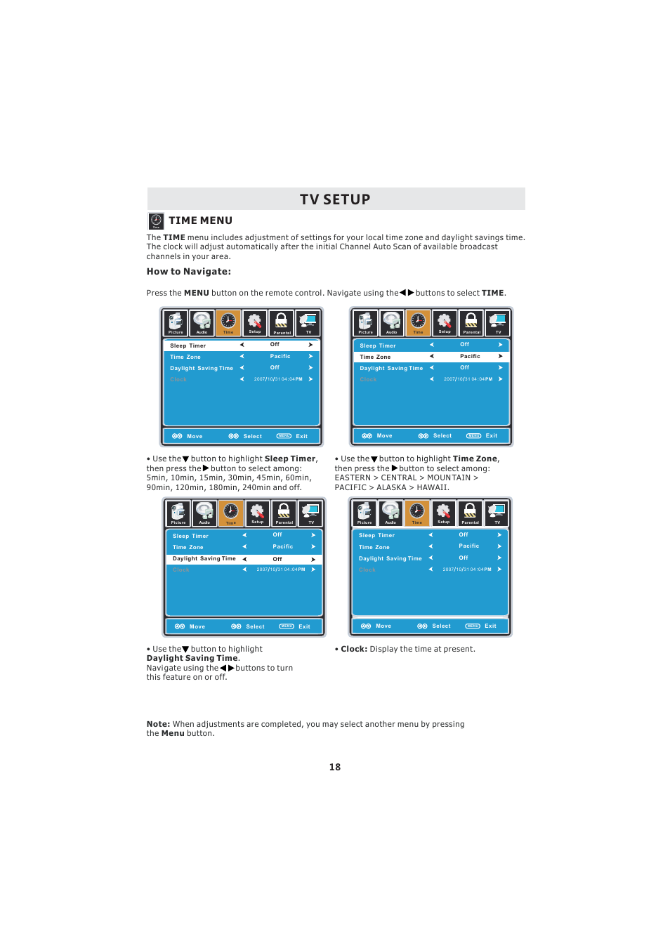 Tv setup, Time menu, How to navigate | Curtis LCDVD193A User Manual | Page 22 / 48