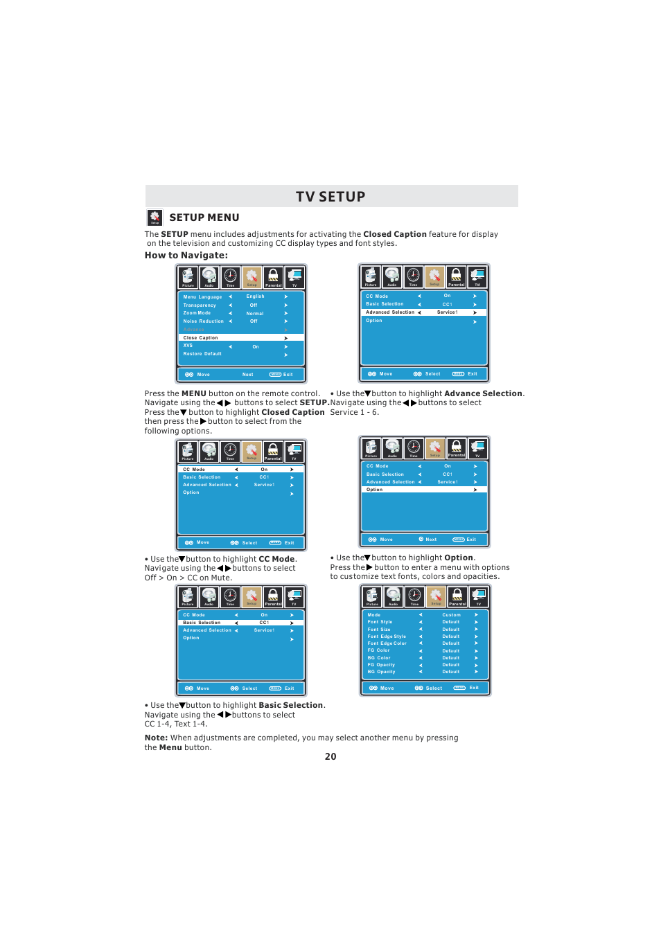 Tv setup, Setup menu, How to navigate | Curtis LCDVD193A User Manual | Page 24 / 48