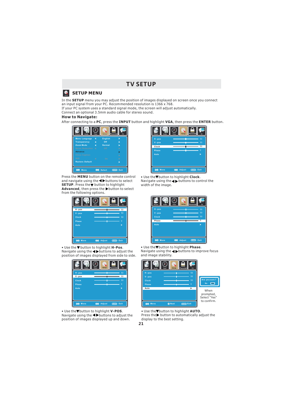 Tv setup, Setup menu, How to navigate | Curtis LCDVD193A User Manual | Page 25 / 48