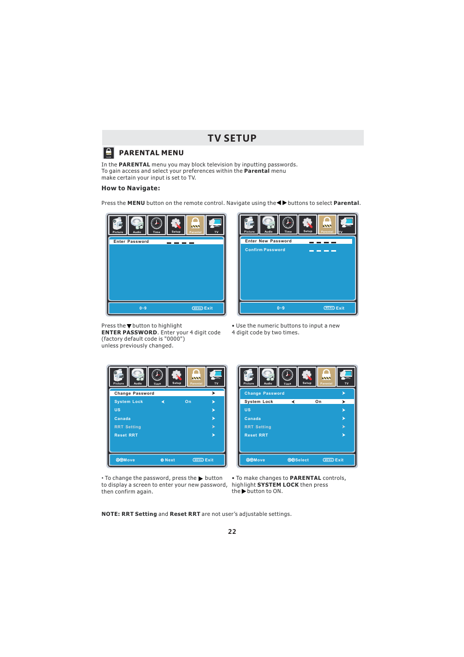Tv setup, Parental menu, How to navigate | Curtis LCDVD193A User Manual | Page 26 / 48