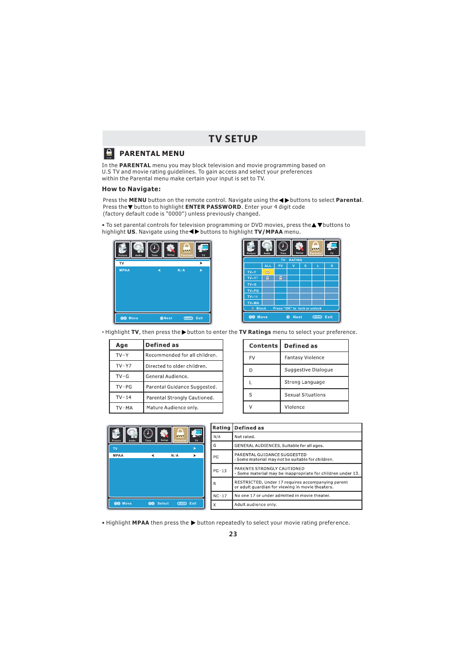 Tv setup, Parental menu, How to navigate | Curtis LCDVD193A User Manual | Page 27 / 48