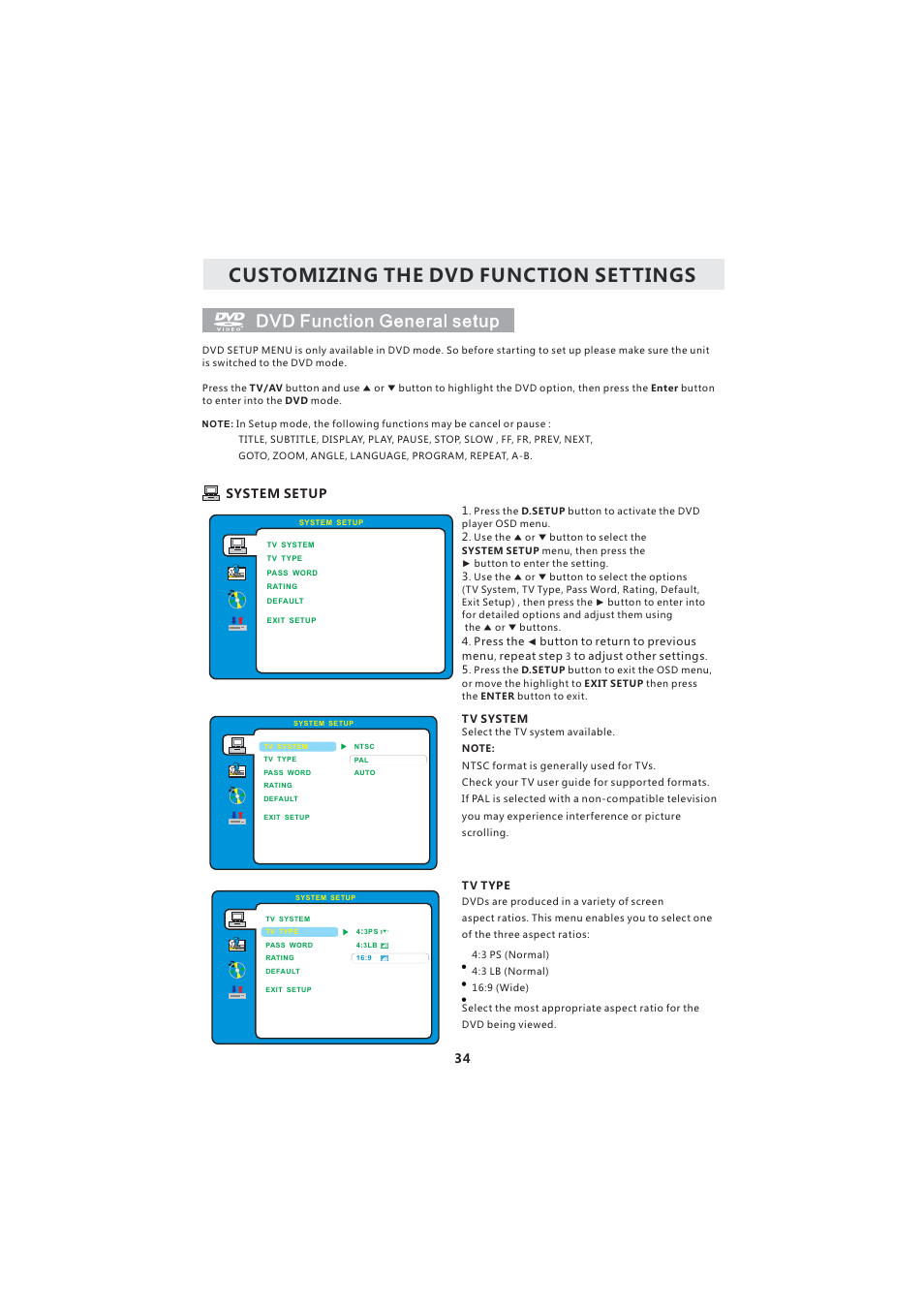 Customizing the dvd function settings, Dvd function general setup | Curtis LCDVD193A User Manual | Page 38 / 48